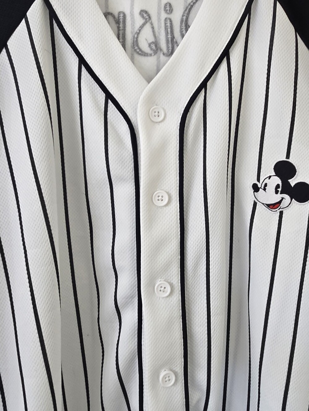 Men's Black & White  DISNEY Pinstripe Baseball Shirt with Mickey - Picture 11 of 11